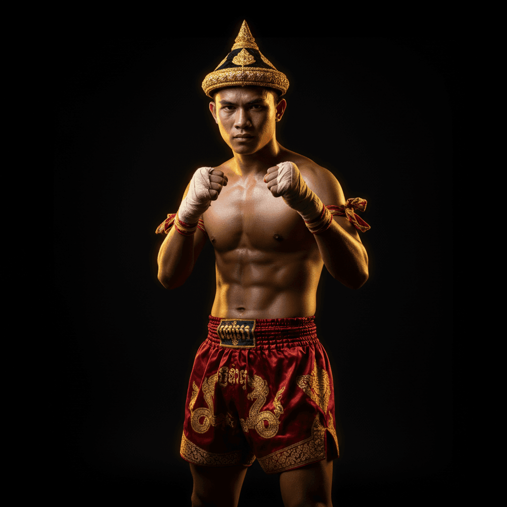 Cambodian champion fighter in full traditional gear