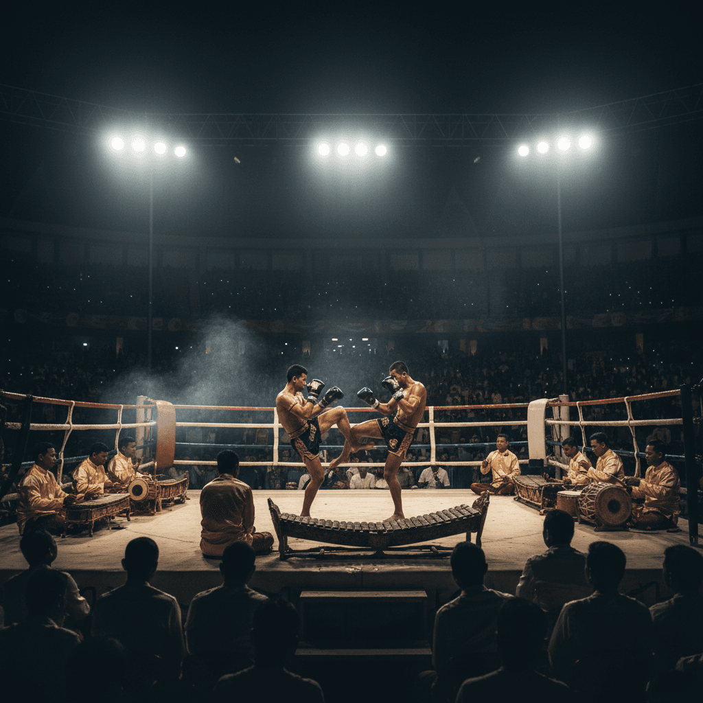 A Cambodian Kun Khmer fighter under the lights of a Phnom Penh arena at night, the Pinpeat orchestra visible in the corner