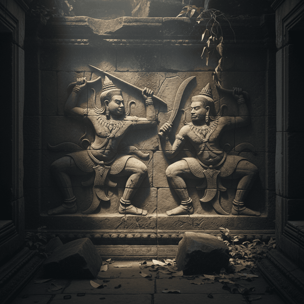 Ancient Khmer bas-relief depicting warriors