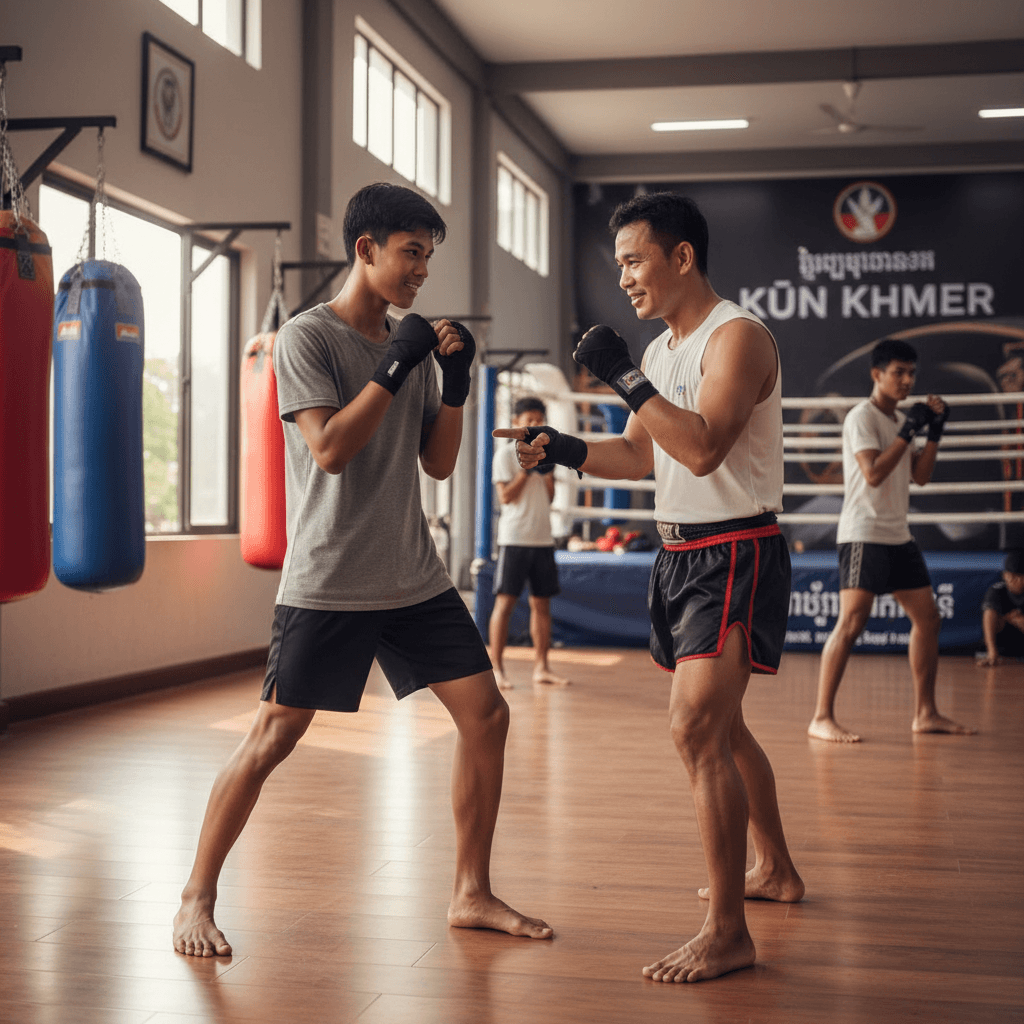 Beginner student learning Kun Khmer stance