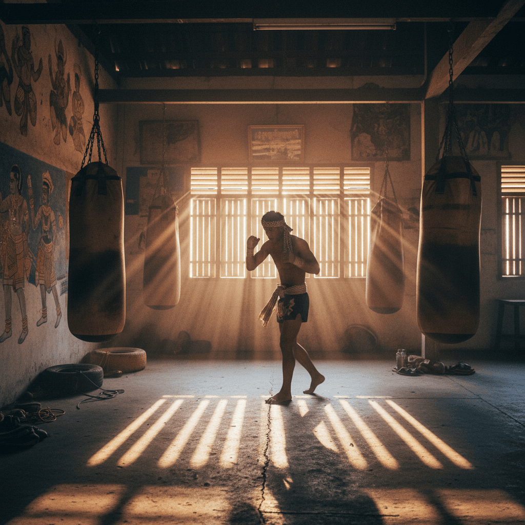 Traditional Cambodian kickboxing gym at dawn