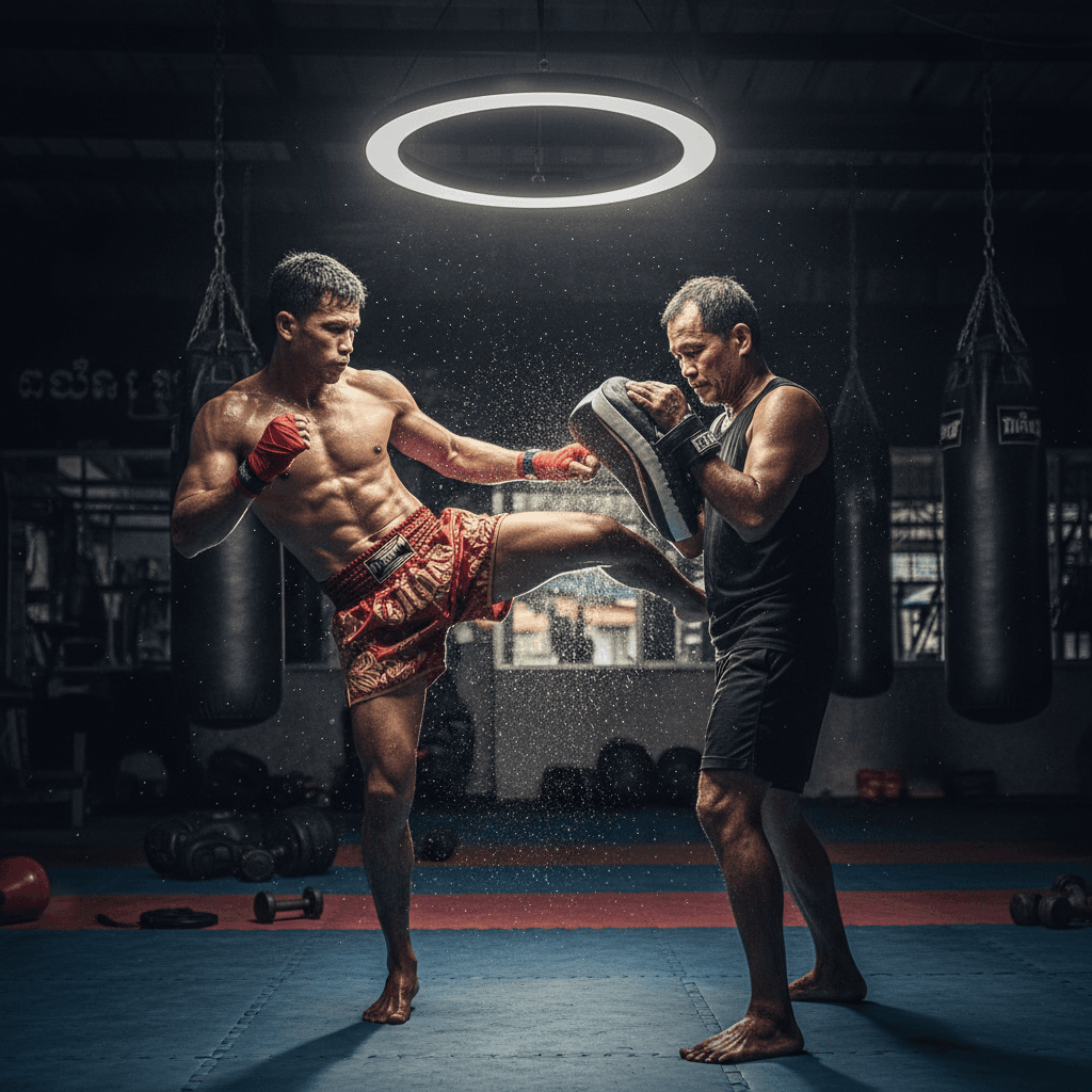 Fighter throwing a roundhouse into Thai pads